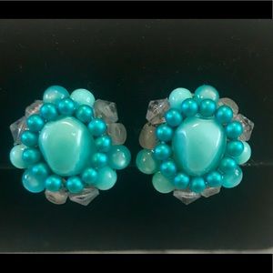 Vintage Karu Blue Stone Clip On Earrings